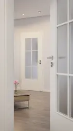 CloseUp-Milieuansicht von Uni Weißlack LÖ 23 mit Sprossenrahmen 6 Felder Laminat (CPL) Duritop Optima Innentür - Jeld-Wen