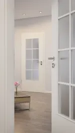 CloseUp-Milieuansicht von Uni Weißlack LÖ 23 mit Sprossenrahmen 8 Felder Laminat (CPL) Duritop Optima Innentür - Jeld-Wen