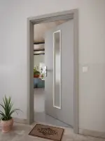 CloseUp-Milieuansicht von WESTAG Wohnungseingangstür Kitt A 446 GetaLit HPL mit Lichtausschnitt LA-1 mittig