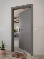 CloseUp-Milieuansicht von Huga Wohnungseingangstür Signum 22 Hygge grau RAL 7037 Lack Concept