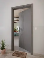 CloseUp-Milieuansicht von Huga Wohnungseingangstür Signum 53 Hygge grau RAL 7037 Lack Concept