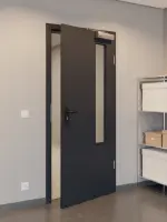 CloseUp-Milieuansicht von GARANT Rauchschutztür Matt RAL 9005 G-TEC mit Lichtausschnitt LA-5 bandseitig