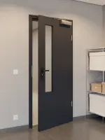 CloseUp-Milieuansicht von GARANT Rauchschutztür Matt RAL 9005 G-TEC mit Lichtausschnitt LA-5 schlossseitig