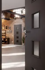 CloseUp-Milieuansicht von Huga Innentür Hygge grau RAL 7037 Duradecor Basic mit Lichtausschnitt LA 14