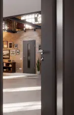 CloseUp-Milieuansicht von Huga Innentür Hygge grau RAL 7037 Duradecor Basic mit Lichtausschnitt LA 24