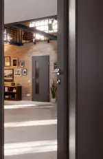 CloseUp-Milieuansicht von Huga Innentür Hygge grau RAL 7037 Lack Basic mit Lichtausschnitt LA-24 schlossseitig