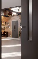 CloseUp-Milieuansicht von Huga Innentür Hygge grau RAL 7037 Duradecor Basic mit Lichtausschnitt LA 4 mittig