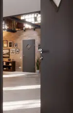 CloseUp-Milieuansicht von Huga Innentür Hygge grau RAL 7037 Duradecor Basic mit Lichtausschnitt LA 6 Raute