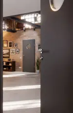 CloseUp-Milieuansicht von Huga Innentür Hygge grau RAL 7037 Duradecor Basic mit Lichtausschnitt LA Bullauge