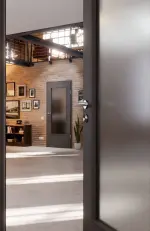 CloseUp-Milieuansicht von Huga Innentür Hygge grau RAL 7037 Duradecor Basic mit Lichtausschnitt LA-DIN