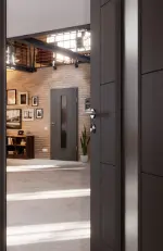 CloseUp-Milieuansicht von Huga Innentür Signum 13 Hygge grau RAL 7037 Lack Concept mit Lichtausschnitt LA 24 mittig