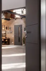 CloseUp-Milieuansicht von Huga Innentür Signum 29 Hygge grau RAL 7037 Lack Concept mit Lichtausschnitt LA 24 bandseitig