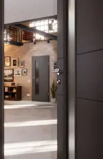 CloseUp-Milieuansicht von Huga Innentür Signum 29 Hygge grau RAL 7037 Lack Concept mit Lichtausschnitt LA 24 schlossseitig