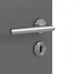 Detailansicht der Oberfläche von Huga Doppelflügeltür Signum 27 Hygge grau RAL 7037 Lack Concept mit Lichtausschnitt LA 24 bandseitig mit Zarge