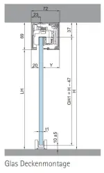 Technische Zeichnung ERKELENZ Schiebetürsystem für Ganzglastüren Dorma Muto Comfort XL 150 BLACK|LINE Deckenmontage