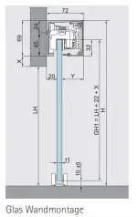 Technische Zeichnung ERKELENZ Schiebetürsystem für Ganzglastüren Dorma Muto Comfort XL 150 BLACK|LINE Wandmontage