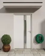 Stilwelt mit weißer Hausfassade von Stahl Nebeneingangstür TEMIDA S68 ZL RAL 9016