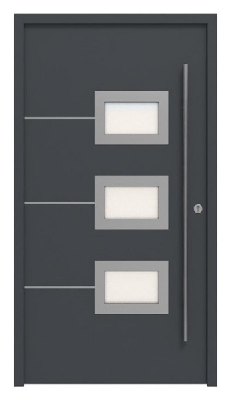 Widok frontowy drzwi wejściowych z aluminium z przeszkleniem antracyt