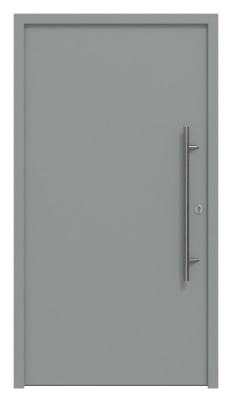 Widok frontowy drzwi wejściowych z aluminium w kolorze szarym komunikacyjnym