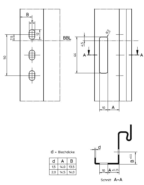 Rysunek techniczny systemu zawiasów Inclino