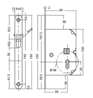 rysunek techniczny zamka do drzwi przesuwnych na klucz