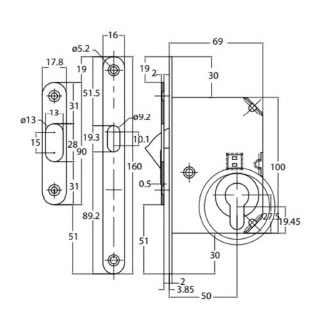 rysunek techniczny zamka do drzwi przesuwnych z cylindrem profilowym