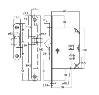 rysunek techniczny zamka do drzwi przesuwnych WC
