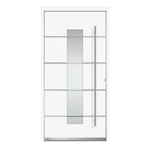 Przykład drzwi zewnętrznych Ice 1 z intarsjami ze stali szlachetnej matowymi szczotkowanymi na zewnątrz