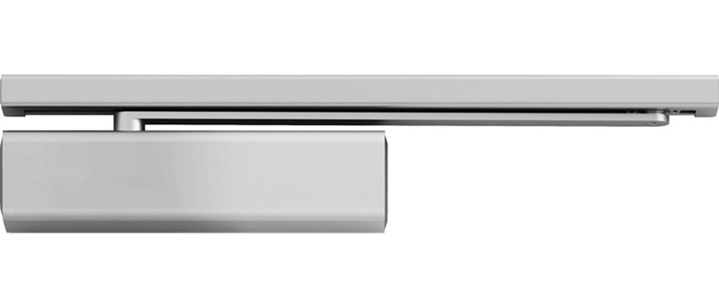 samozamykacz górny z ramieniem zamocowanym w szynie ślizgowej w kolorze srebrnym