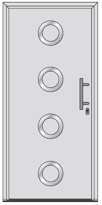 4 okrągłe srebrne pierścienie ułożone jedna na drugiej na środku skrzydła drzwi