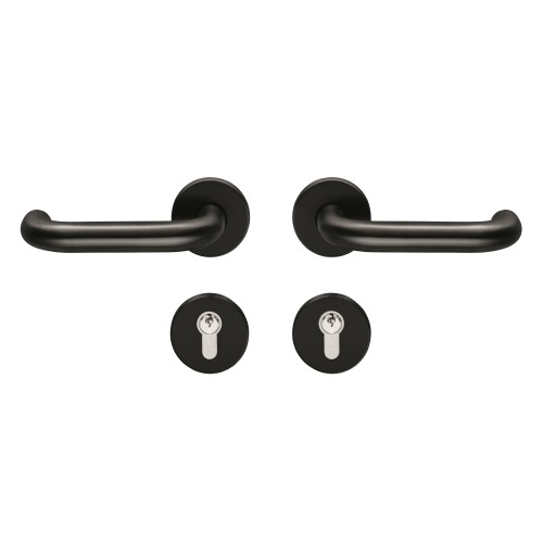 Zestaw klamek z klamką typu D-110 i okrągłymi rozetami w kolorze czarnym