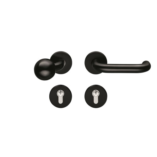 Zestaw klamko-gałka z gałką K-160 i klamką typu D-110 z okrągłymi rozetami w kolorze czarnym