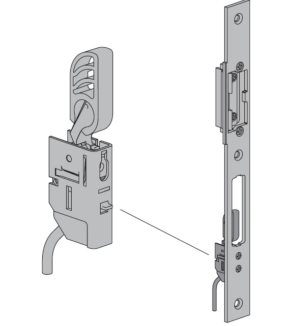 Rysunek przedstawiający wygląd styku ryglowego oraz miejsce montażu miesiąc płytka zaczepowa zamka