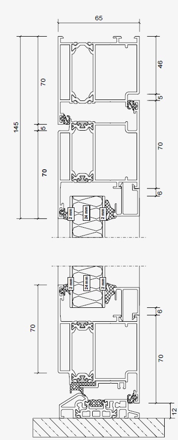 Rysunek techniczny Kneer drzwi zewnętrzne profil AT 65 do drzwi aluminiowych