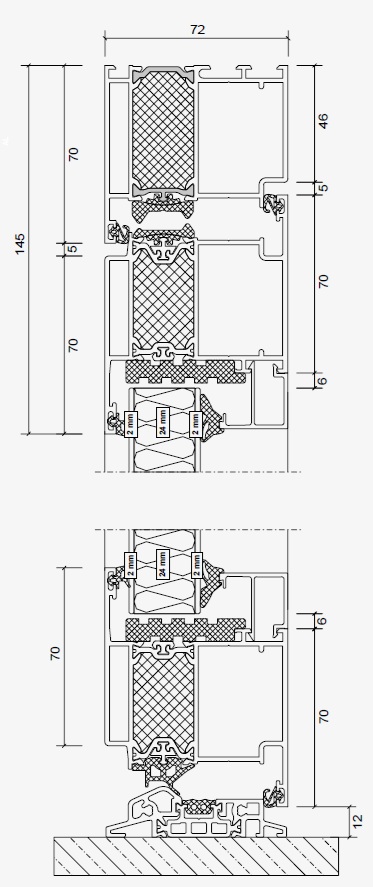 Rysunek techniczny Kneer drzwi zewnętrzne profil AT 72 do drzwi aluminiowych