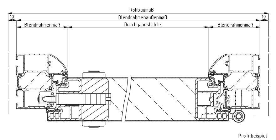 Przekrój przykładowego profilu drzwi wejściowych z oznaczeniami wymiarów