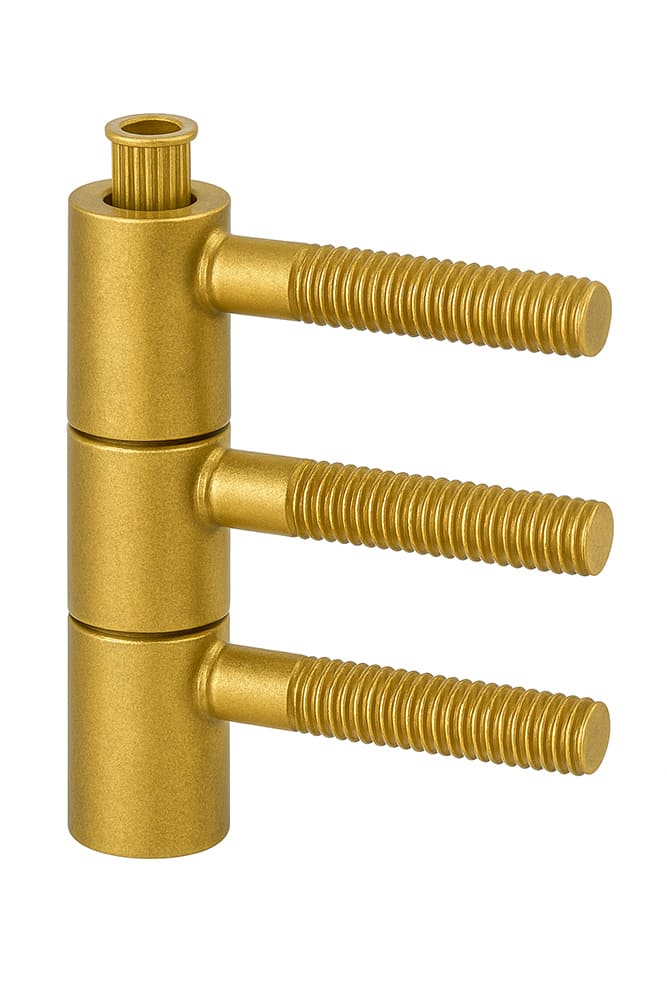 Prezentacja trzyczęściowego zawiasu w kolorze srebrnym. Każda część zawiasu posiada gwint.