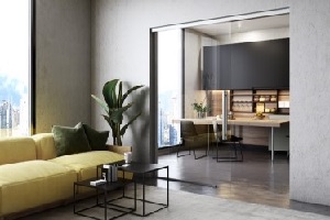 Zabudowa całoszklana z drzwiami przesuwnymi w salonie