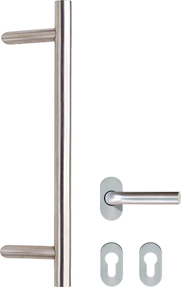 Widok okuć drzwiowych do drzwi wejściowych z uchwytem pchającym