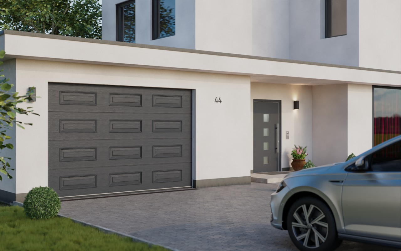 Widok bramy garażowej antracytowej w stylu kasetonowym