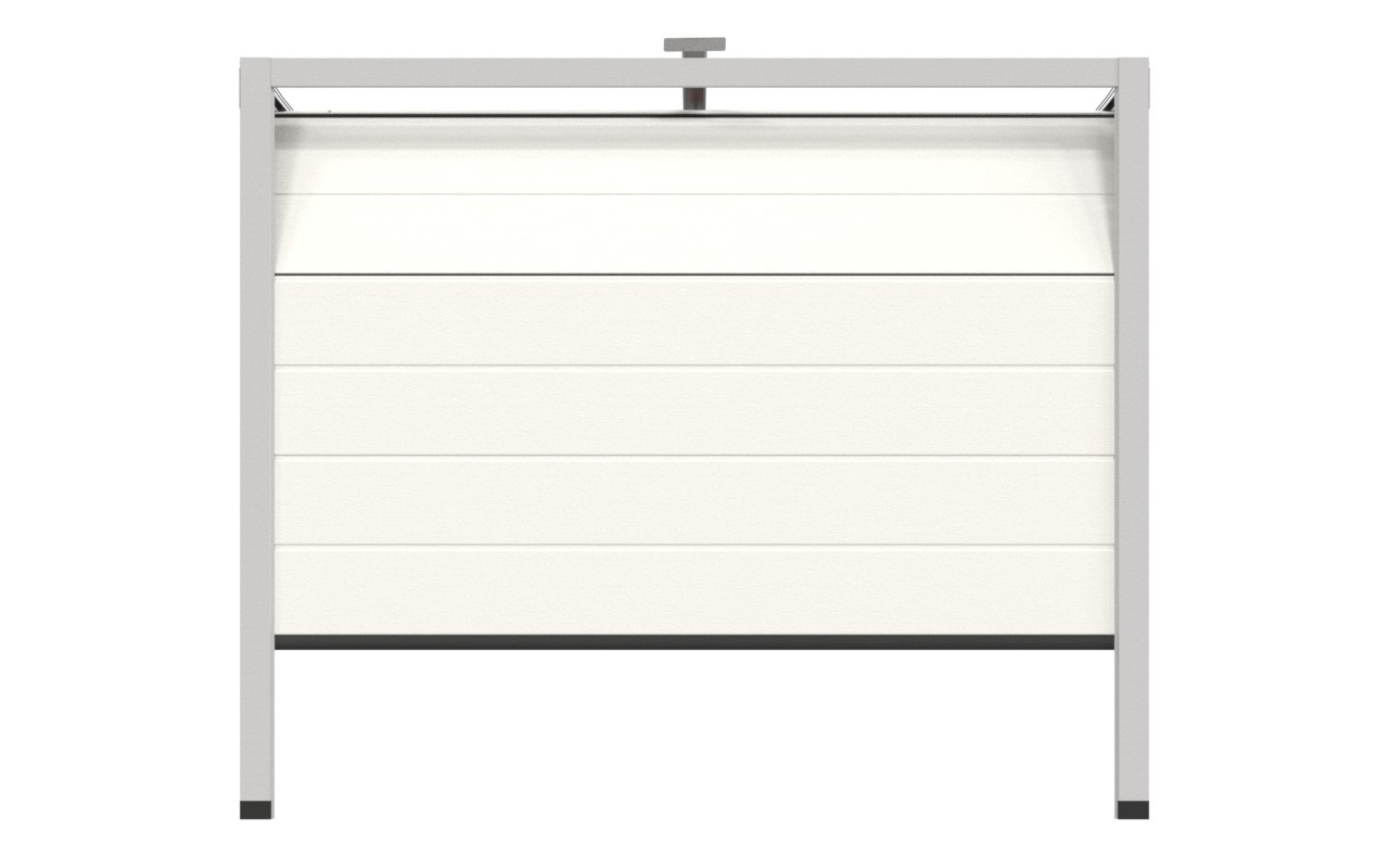 Widok białej bramy garażowej z przetłoczeniem M