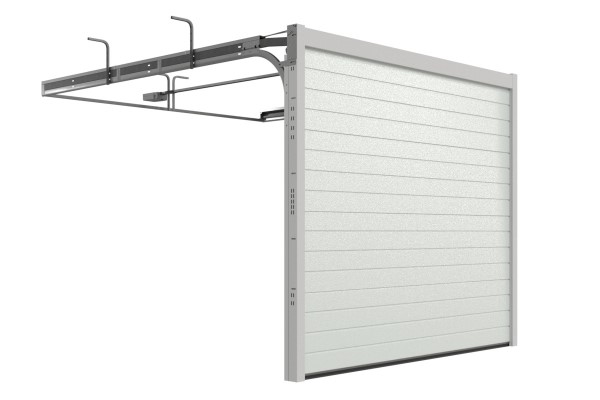 Jasnoszara brama garażowa z przetłoczeniem S