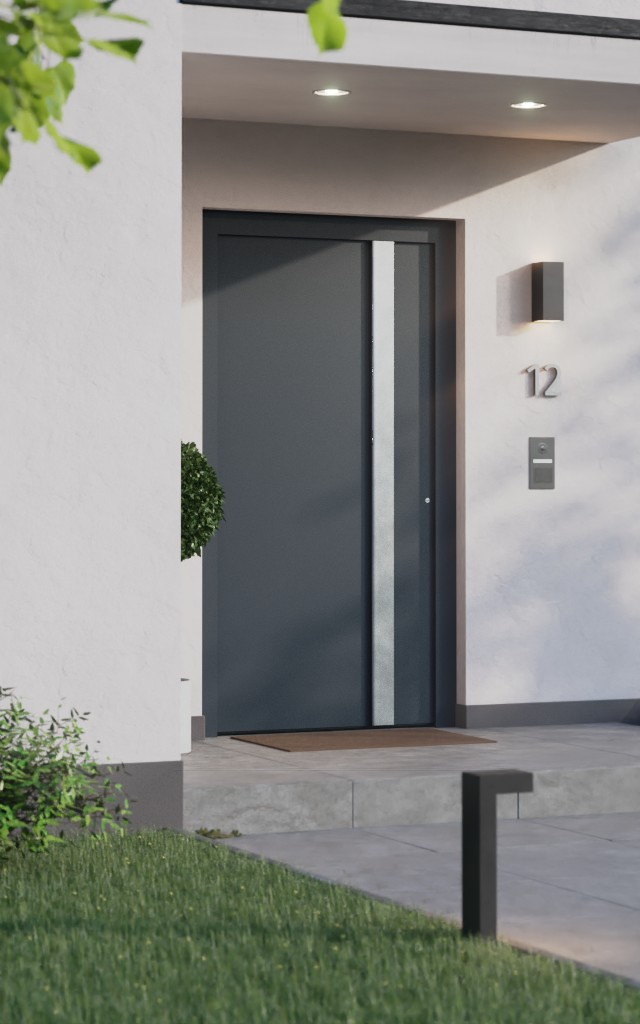 Wnętrze z drzwiami wejściowymi aluminiowymi w kolorze antracytowym