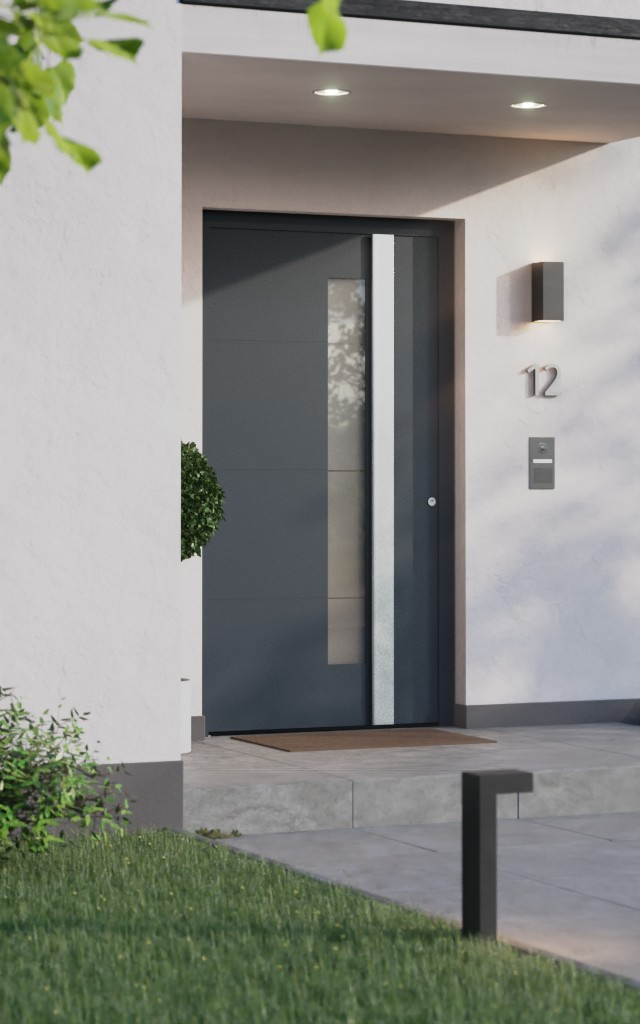 Drzwi wejściowe w kolorze antracytowym z wąskim przeszkleniem