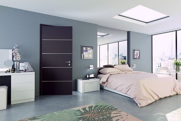 Ekskluzywna sypialnia z ciemnymi drzwiami CPL z listwami